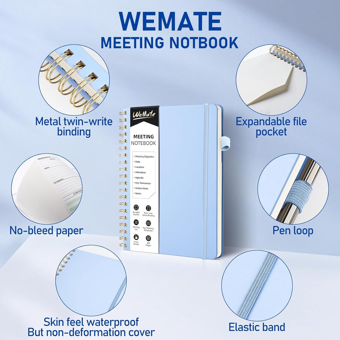 WEMATE Meeting Notebook for Work B5 (7"x10") - PU Leather Work Notebook with Agenda, Action Items & Notes - 200 Pages for Men&Women, Staff and Students, Meeting, Projects Planning - Light Blue