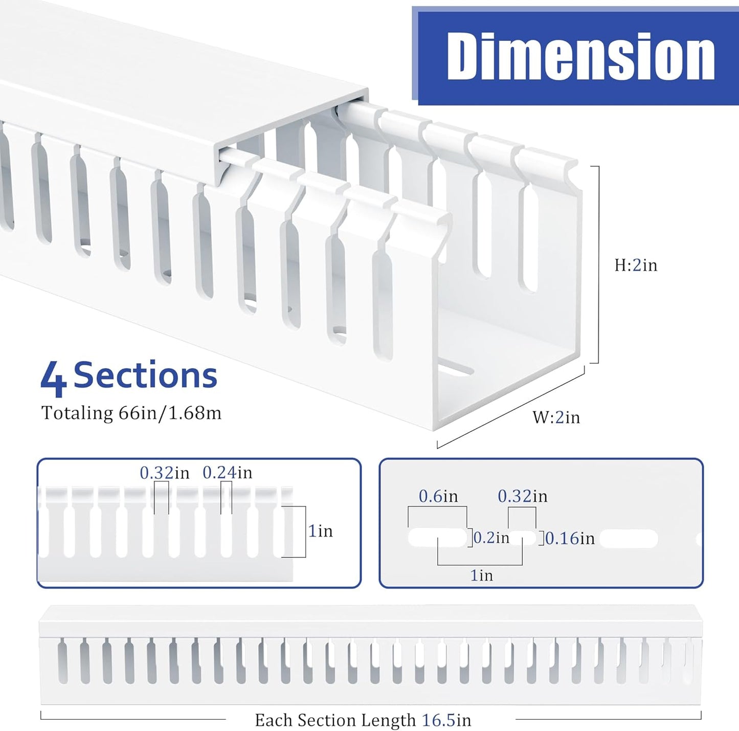 ZhiYo 66in(4X L16.5in) Professional Server Rack Cable Management Raceway, H2in x W2in Cable Raceway Kit, Electrically Safe PVC Open Slot Wire Raceway for Under Desk/Computer/Network Cords, White