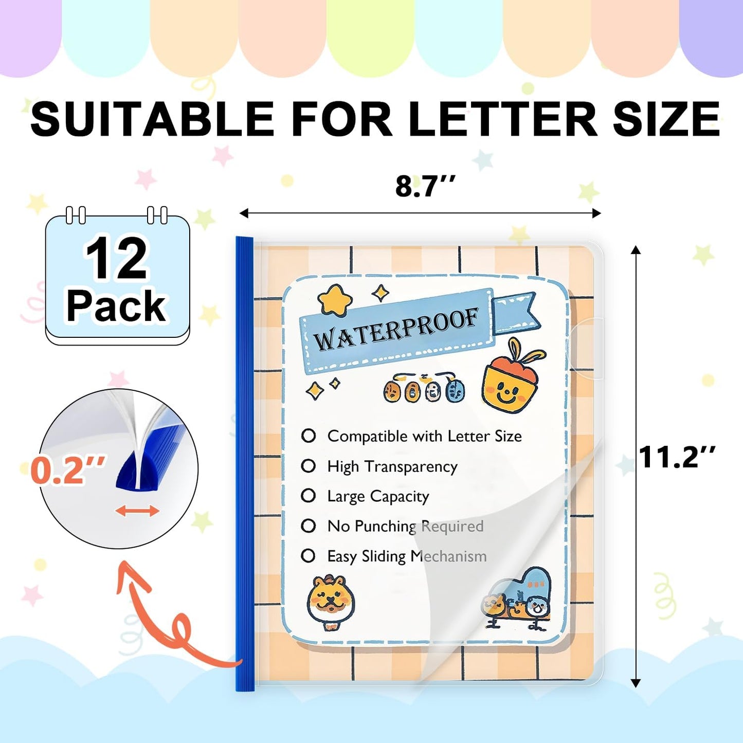 TOTiyea 12 Pack Clear Report Covers with Sliding Bars, 5mm (25 Sheet Capacity) Blue Sliding Bar File Folders, for Letter Size