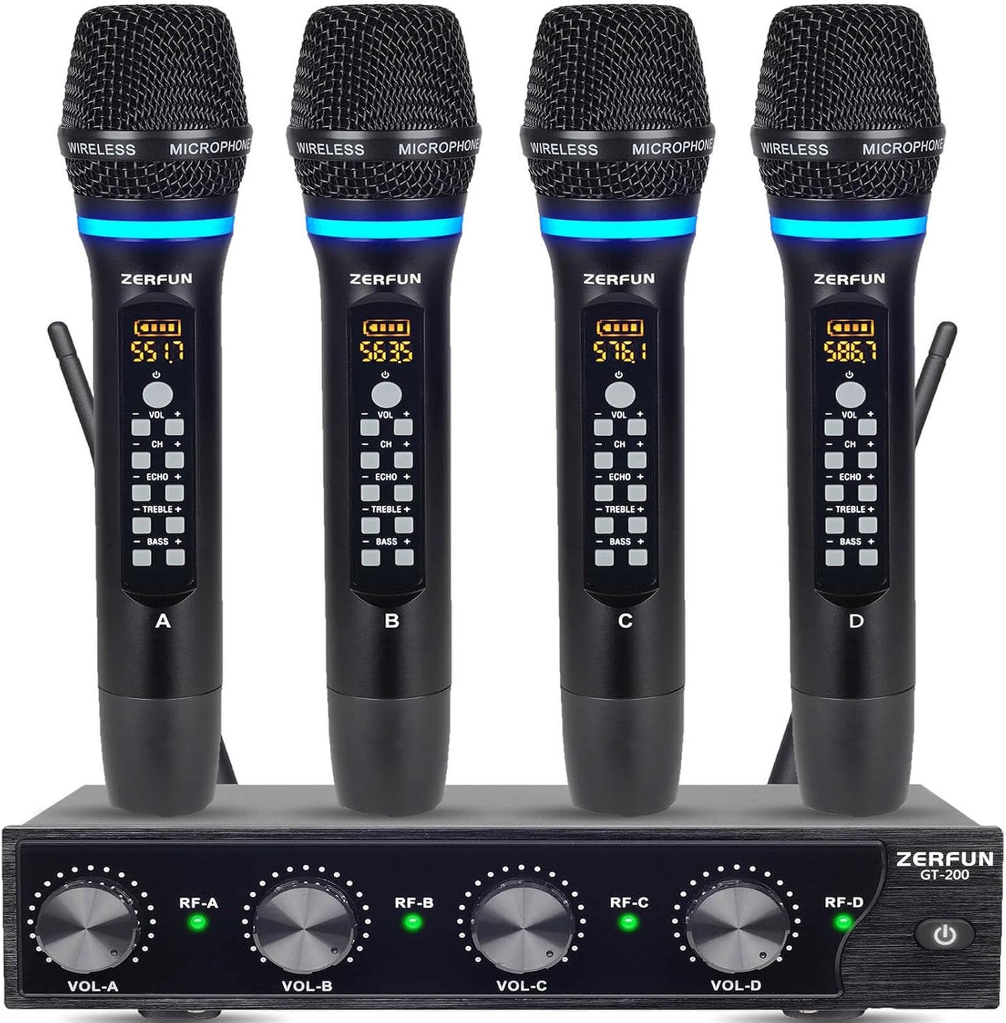 4 Channel Rechargeable Wireless Microphone System, Pro UHF Metal Handheld Wireless Microphones Cordless Mics with Echo Treble BASS VOL Channel Control for Karaoke Singing Church(GT-200)