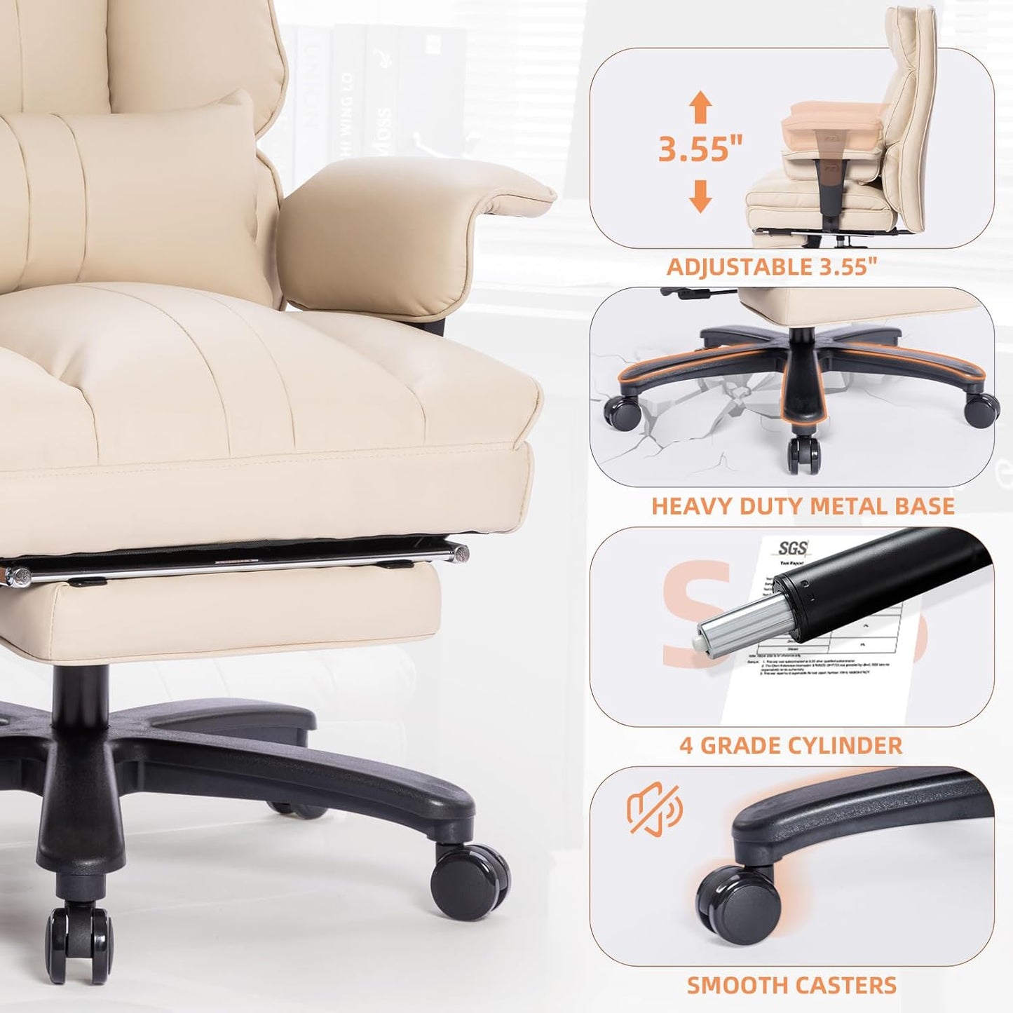 Big and Tall Office Chair 500lbs Wide Seat Executive Office Desk Chair High-Back Office Task Chair with Foot Rest, Ergonomic Lumbar Support Computer Office Chairs for Heavy People(Beige)
