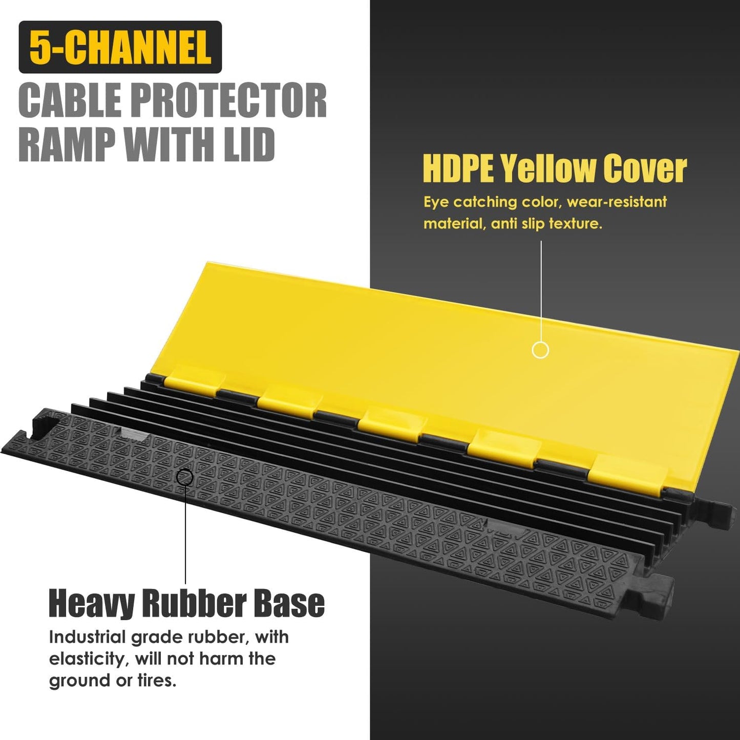 Rubber Cable Protector Ramp, Heavy Floor Cable Wire Cord Cover Speed Bumps 22000Lbs Load Capacity, Driveway Hose Cable Ramp Protective Cover for Indoor and Outdoor (5-Channel x 2Pcs)