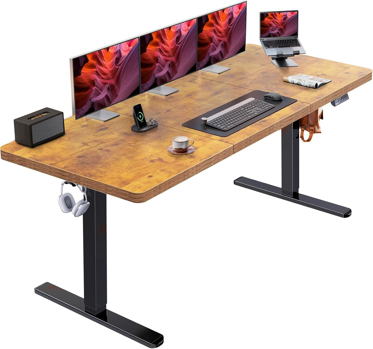 HUANUO 71 x 30 inch Electric Standing Desk, Powerful Brushless Motor Large Height Adjustable Table, 4 Memory Preset Sit Stand Up Desk, Home Office Computer Table with Thick T-Shaped Frame, Vintage