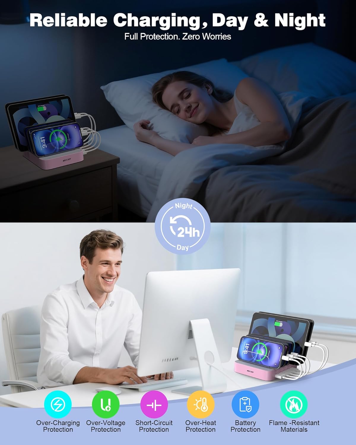 MSTJRY Charging Station for Multiple Devices : 5 Port Multi USB-A Charger Stations Multi-Device Organizer Charging Dock Designed for iPhone iPad Cell Phone Tablets (7 Short Cables Included), Pink