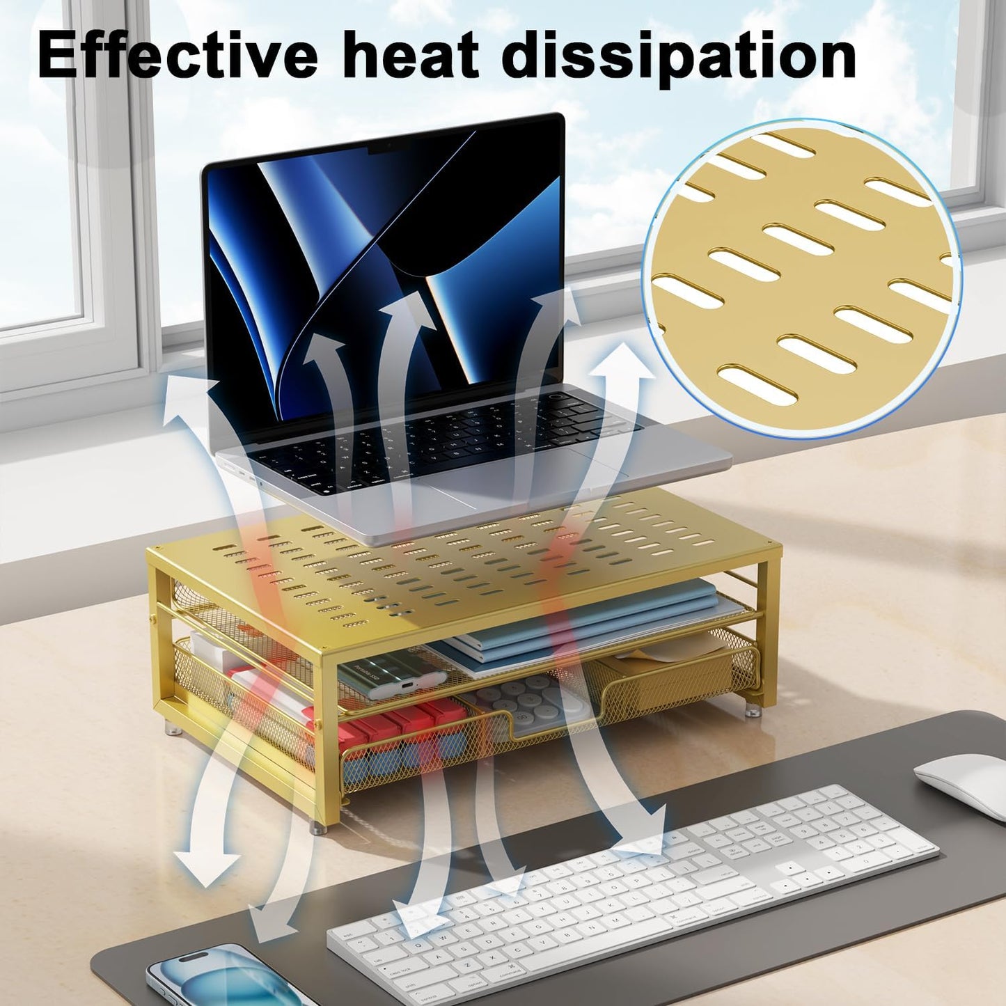 gianotter Computer Monitor Stand Riser, office organizer with Drawer, Office Organizers Storage for Classroom Office Supplies (Gold)