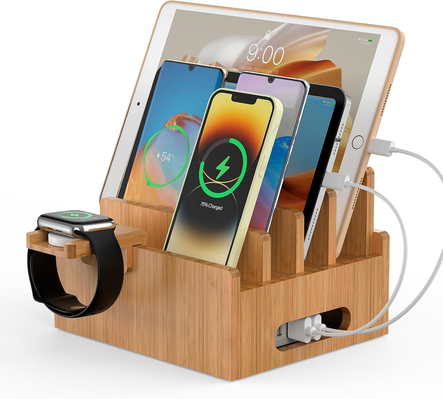 Pezin & Hulin Bamboo Charging Stand, Dock Organizer for Multi Devices, Cell Phone, Tablets, Smart Watch, with Pack 5 Cables, No Power Charger Block