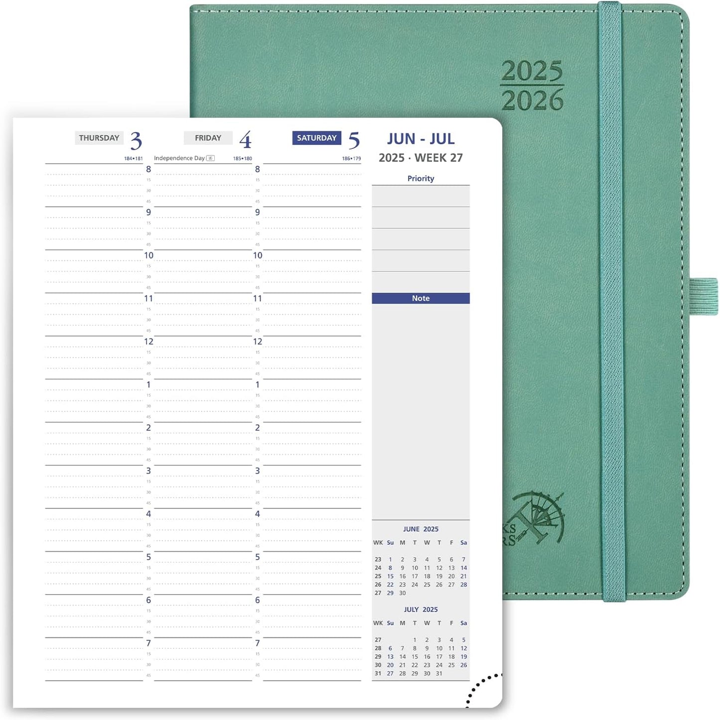 POPRUN Weekly Planner 2025-2026, 7.25'' x 8.5'', 15-Minute Hourly Appointment Book (July 2025-June 2026) with PU Leather Softcover, Monthly Tabs, Inner Pocket - Midnight Green