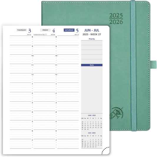 POPRUN Weekly Planner 2025-2026, 7.25'' x 8.5'', 15-Minute Hourly Appointment Book (July 2025-June 2026) with PU Leather Softcover, Monthly Tabs, Inner Pocket - Midnight Green