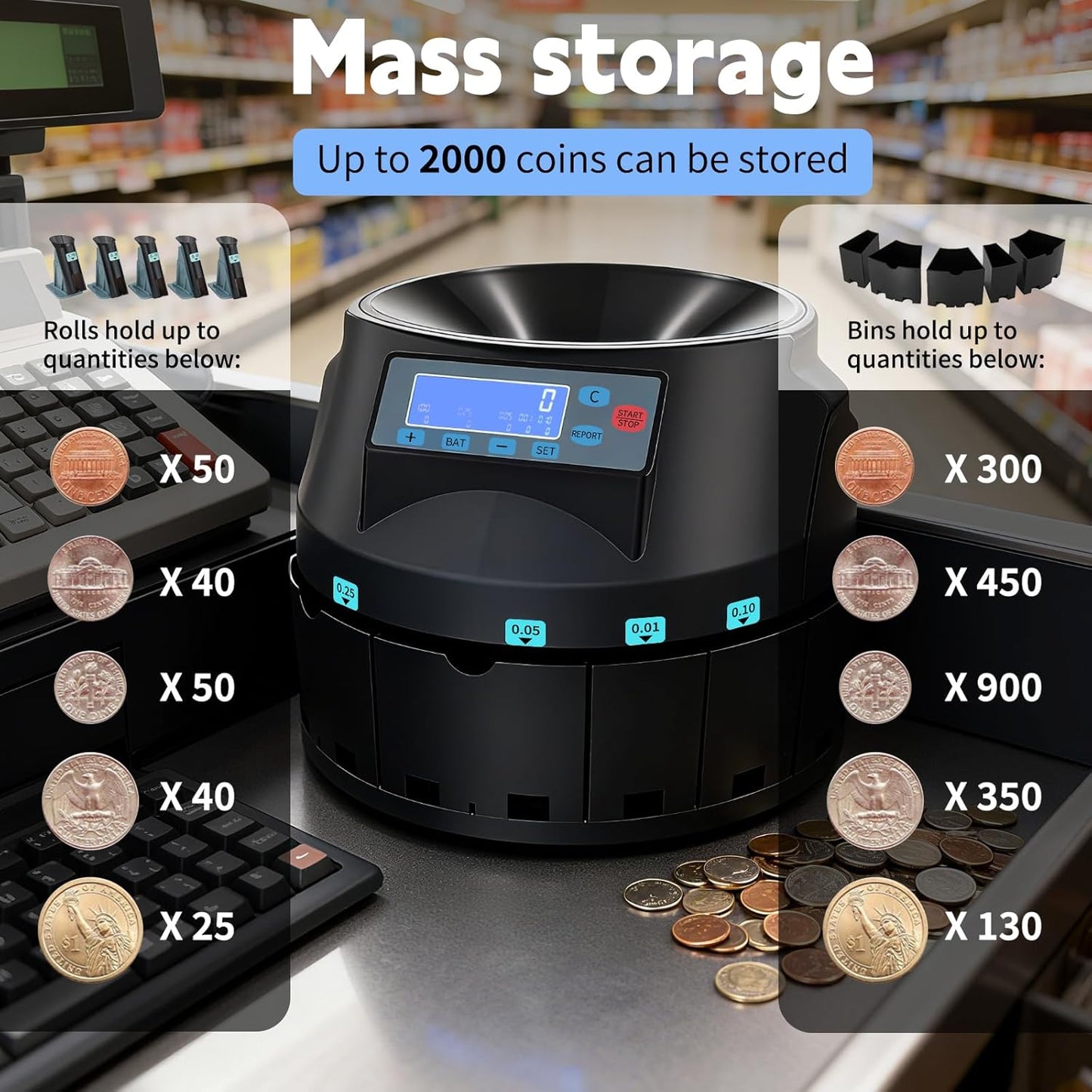 High Speed USD Coin Counter,efficient Counting of 300 Coins per Minute,Precise Counting on LCD Display Screen,Integrated Automatic Packaging Drum,Expert in handling Bank and Shop Change
