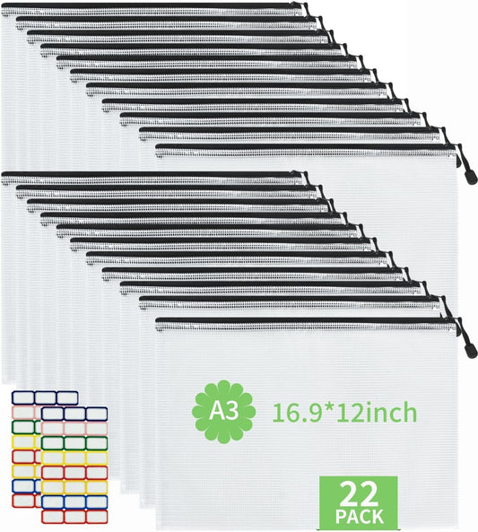 Vuzvuv 22Pcs A3 Size-16.9"x 12" Large Mesh Zipper Pouch with Label Sticker, Plastic Document Mesh Bag for File Board Game School Office Home Travel Storage（43cm30cm）