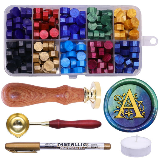 SWANGSA Initial Alphabet A Wax Seal Stamp Kit, Classic Retro Letter Sealing Stamp with 200pcs Sealing Wax Beads Kit for Wedding Invitations Cards Envelopes (A)