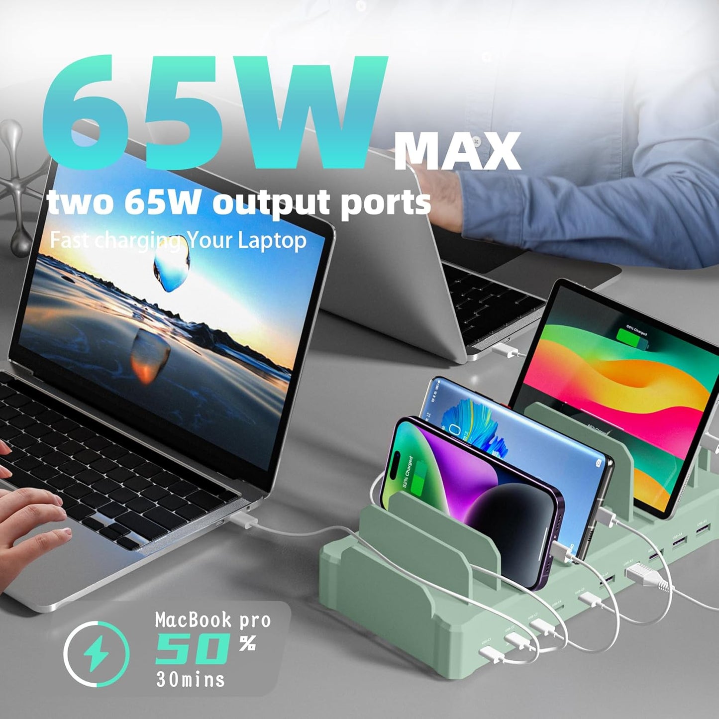 Charging Station for Multiple Devices, Zobirez 10-Port USB C Fast Charger Stations for MacBook, iPhone, Android Cell Phone, iPad, Tablet, Family Multi-Device Organizer Charging Dock, Green