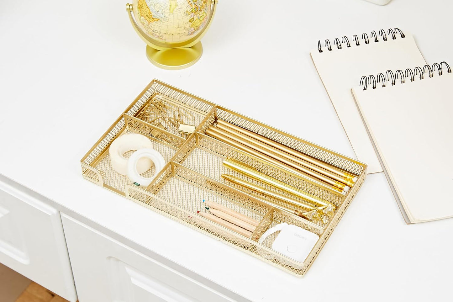 Annova Desk Drawer Organizer Tray for Office Organization - Metal Mesh - Storage Tray with Dividers for Pens, Desktop Accessories, Bathroom, Kitchen, Makeup and Office Supplies (Small, Gold)