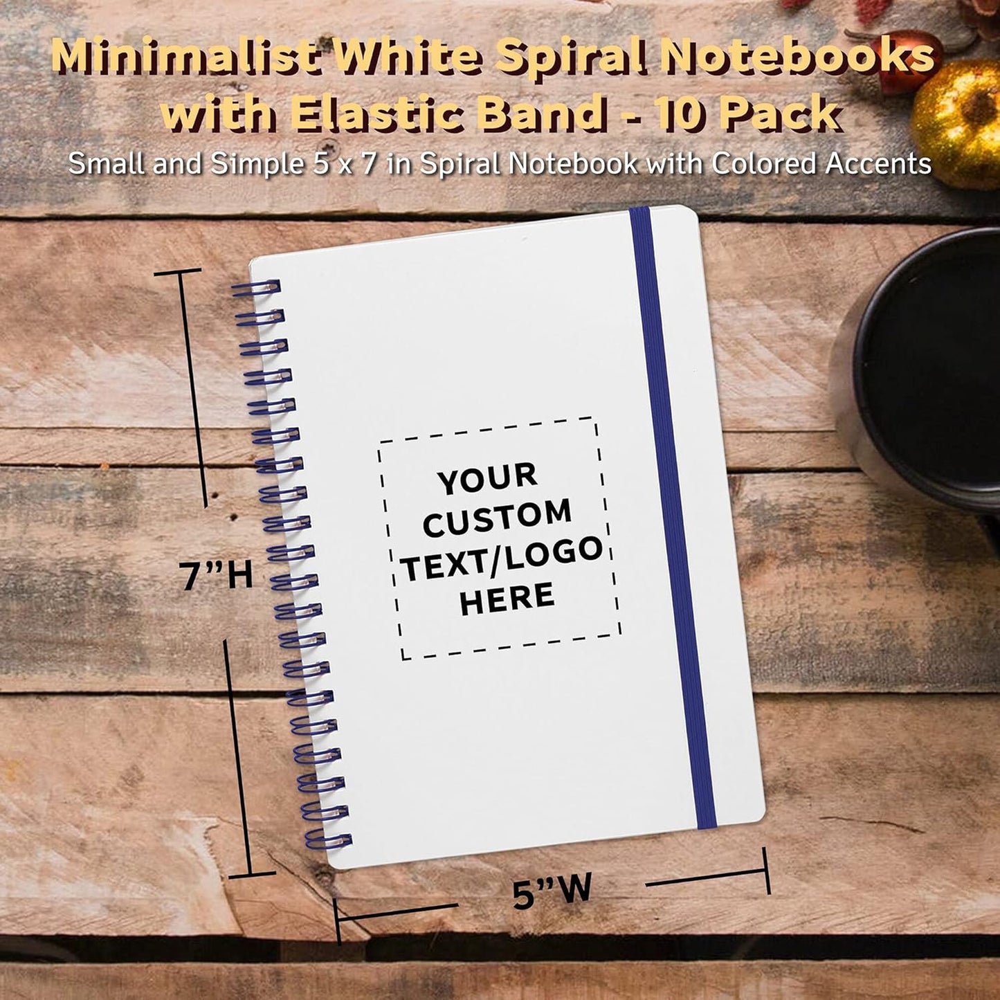10 White Spiral Notebooks with Elastic Band Pack - Customizable Text, Logo - 80 lined pages, Recycled - Blue