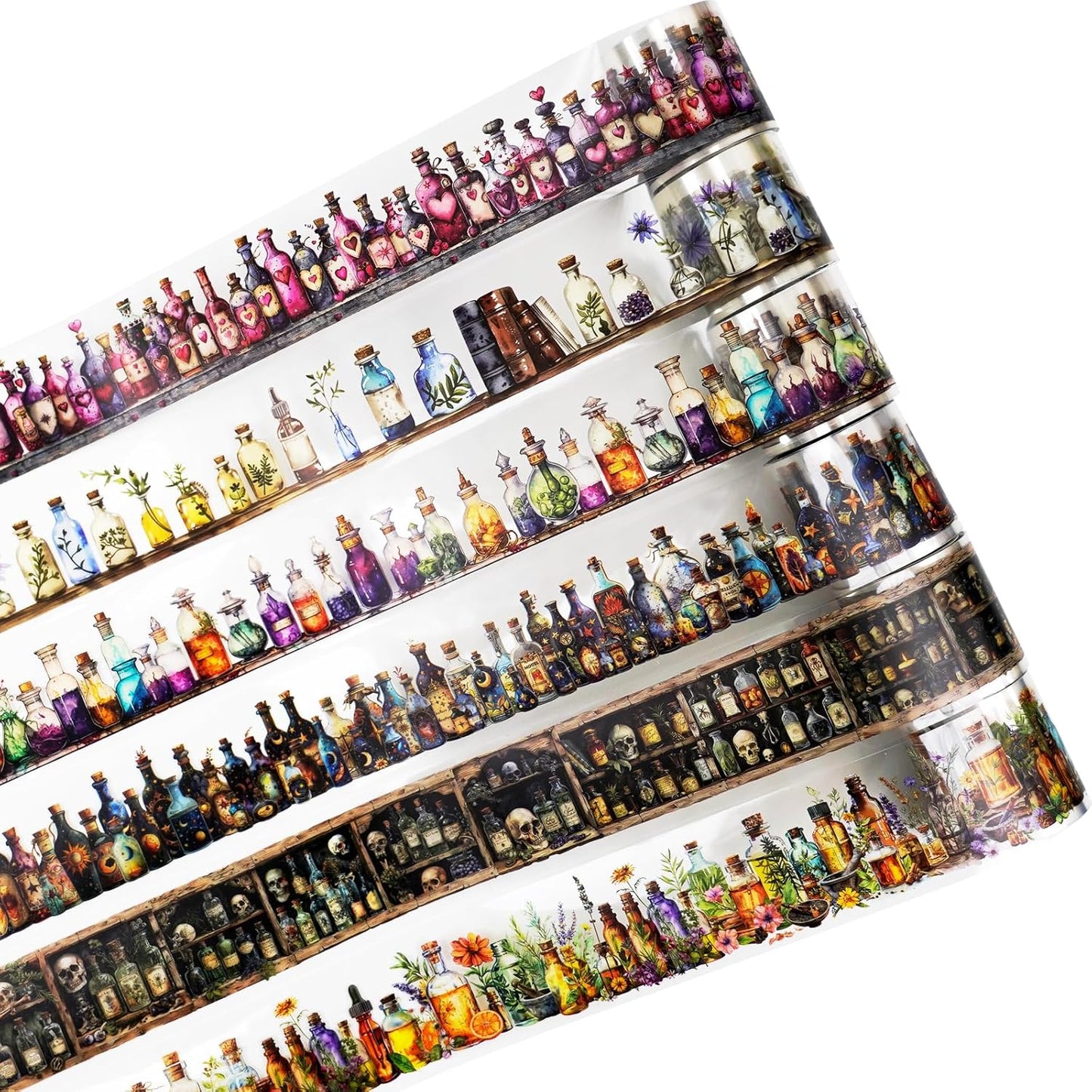 6 Rolls Witch Potion Bottle PET Tape Set with Clip, Waterproof Gothic Scrapbook Sticker Rolls for Journaling, Bullet Journals, and Dark Aesthetic Crafting