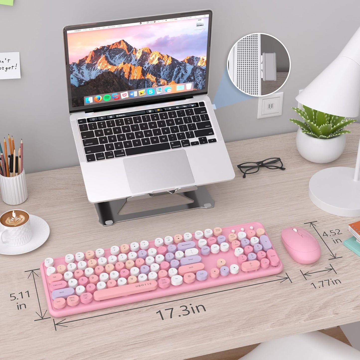 UBOTIE Colorful Computer Wireless Keyboard Mice Combo, Retro Typewriter Flexible Keys Office Full-Sized Keyboard, 2.4GHz Dropout-Free Connection and Optical Mouse (Pink-Colorful)