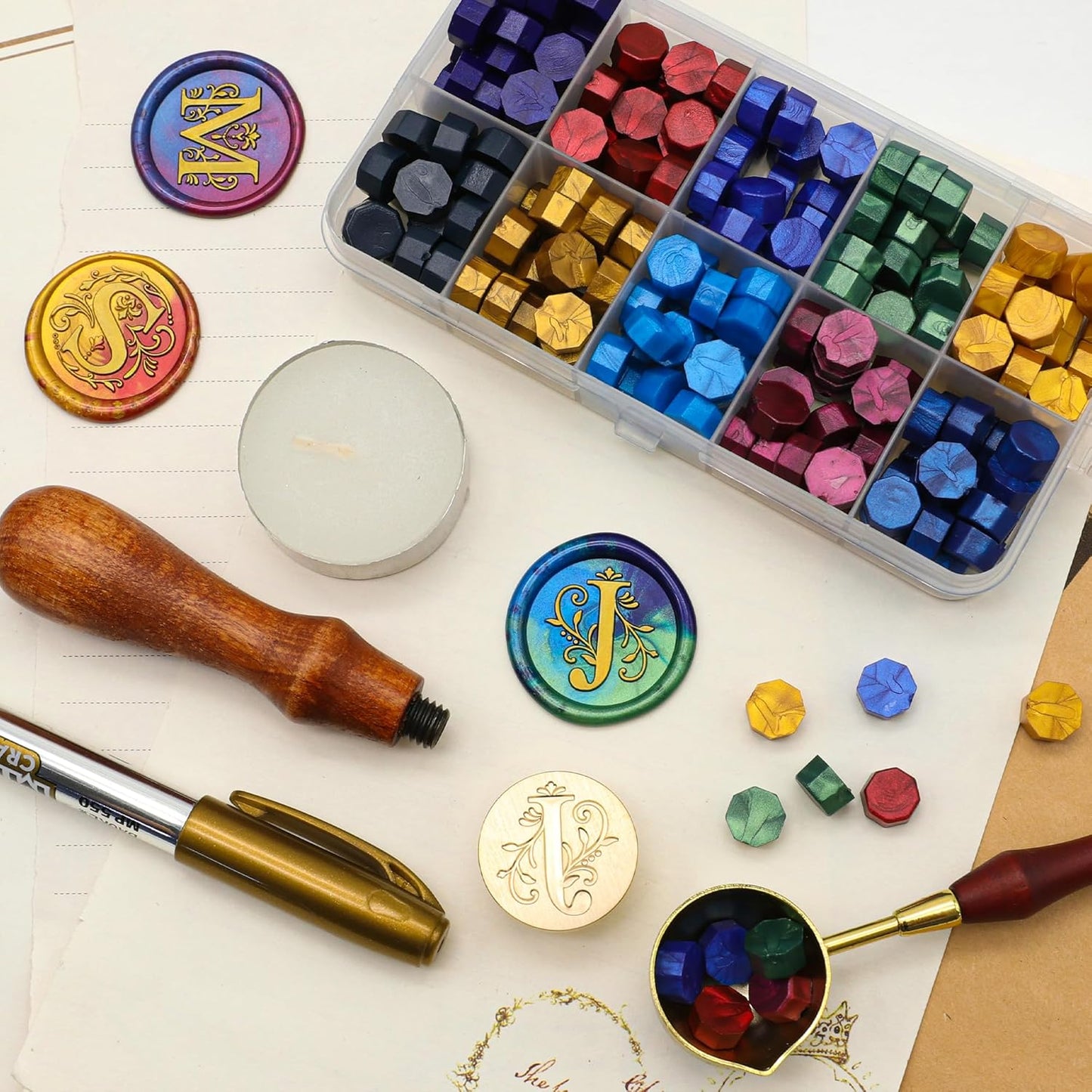 SWANGSA Initial Alphabet J Wax Seal Stamp Kit, Classic Retro Letter Sealing Stamp with 200pcs Sealing Wax Beads Kit for Wedding Invitations Cards Envelopes (J)