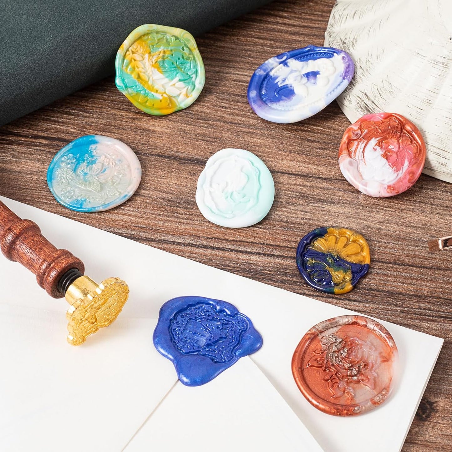 9pcs Wax Seal Stamp Set, Brass Sealing Wax Stamps Head & Wooden Handle for Wedding Invitations Cards Envelopes- Love Rose+Sunflower+Flower Window+Rose Flower+Butterfly+Kapok+Sakura+Leaves