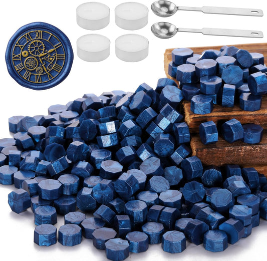Yoption 300 Pieces Bright Blue Sealing Wax Beads, Vintage Octagon Seal Beads With 4 Candles and 2 Melting Spoons for Wax Stamp (Bright Blue)