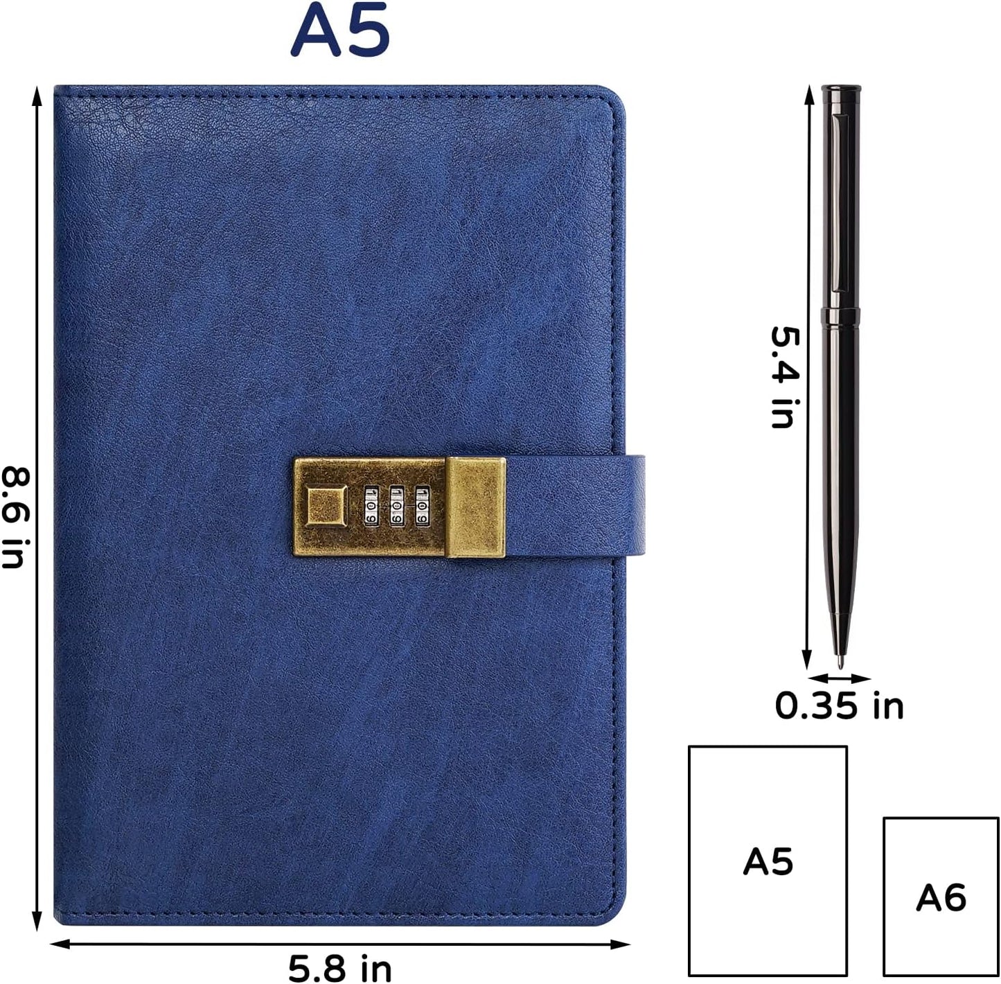 WEMATE Diary with Lock, A5 PU Leather Journal with Lock 240 Pages, Vintage Locks Journal Password Notebook with Pen, Locks Diary Planner Organizer for Men and Women, 8.6x5.8in Blue