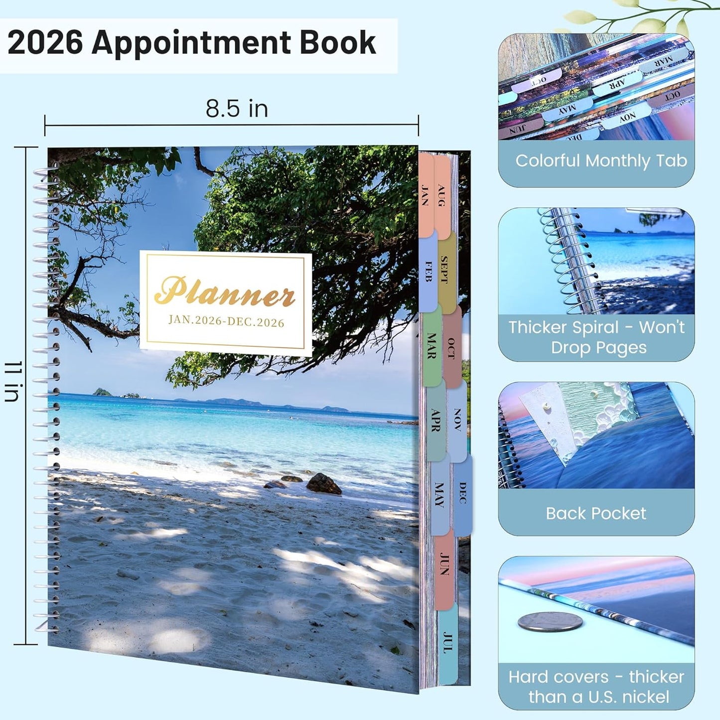 CAGIE Planner 2026 Monthly (Jan. 26-Dec. 26), 12 Month Academic Planner 8.5"x11", Large Daily Planner with Hourly Timeslot, Monthly Tab, Spiral Binding, Bookmark