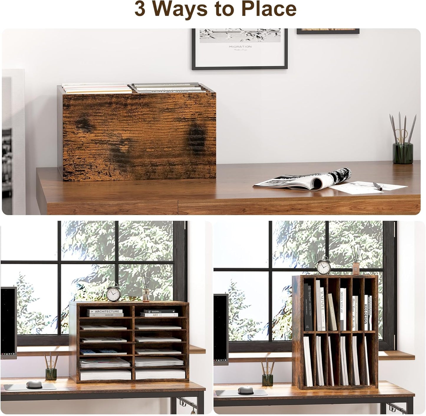 Mail Organizer Countertop, 12 Slots Wooden Desk File Literature Sorter, Adjustable Paper Storage Shelves Document Holder, Space Saving Desktop Mailbox for Office Classroom, Rustic Brown