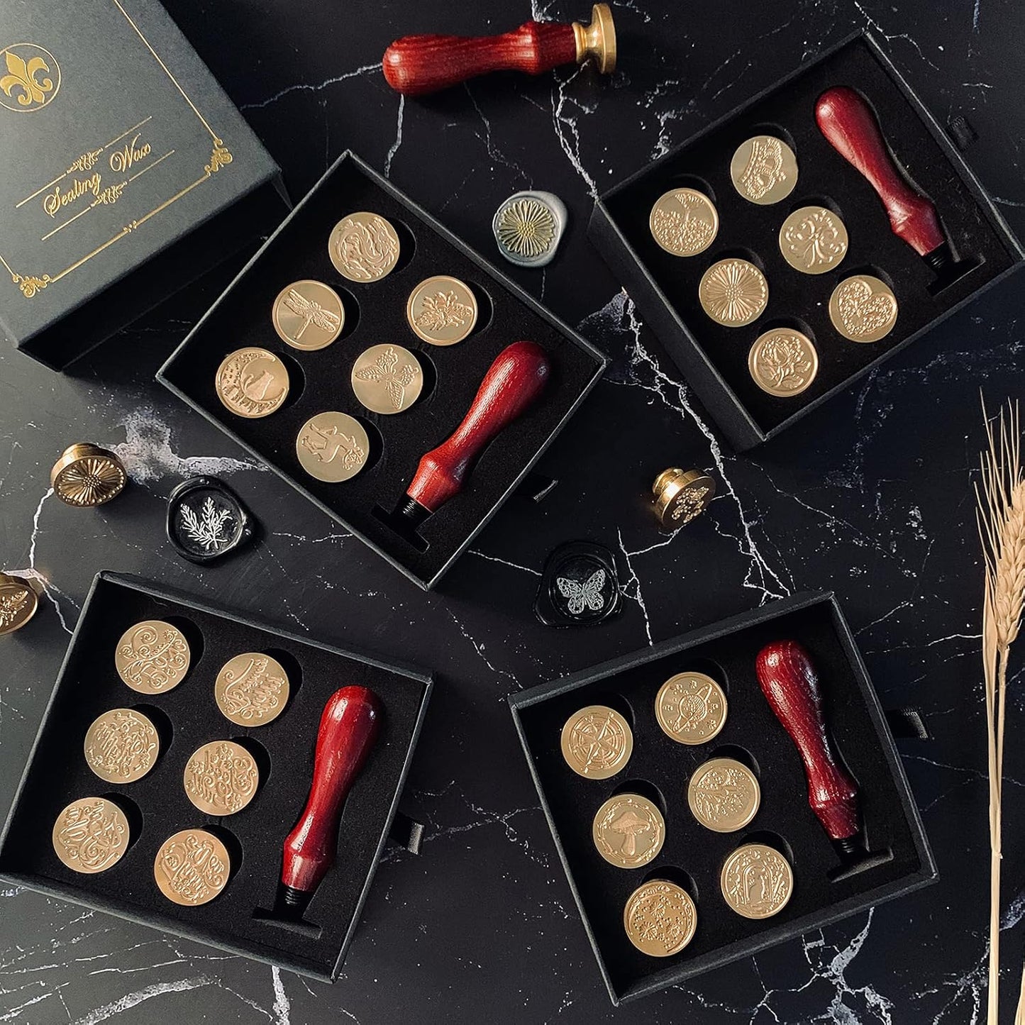 Wax Seal Stamp Hot Stamping Gift Box Set, 6 Pcs Sealing Wax Stamps Copper Seals 1 Wooden Hilt, Wax Stamp Kit for Cards Envelopes, Gift Packaging