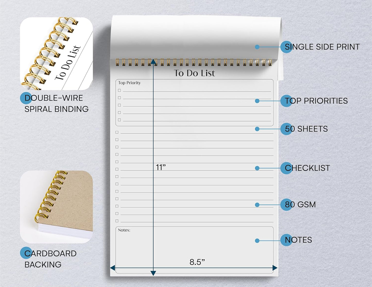 Better Office Products To Do List Notepad, 8.5" x 11", Planning Note Pad, 50 Sheets, Double Wire Spiral, Daily Agenda Productivity Checklist Organizer,(1 Pack)