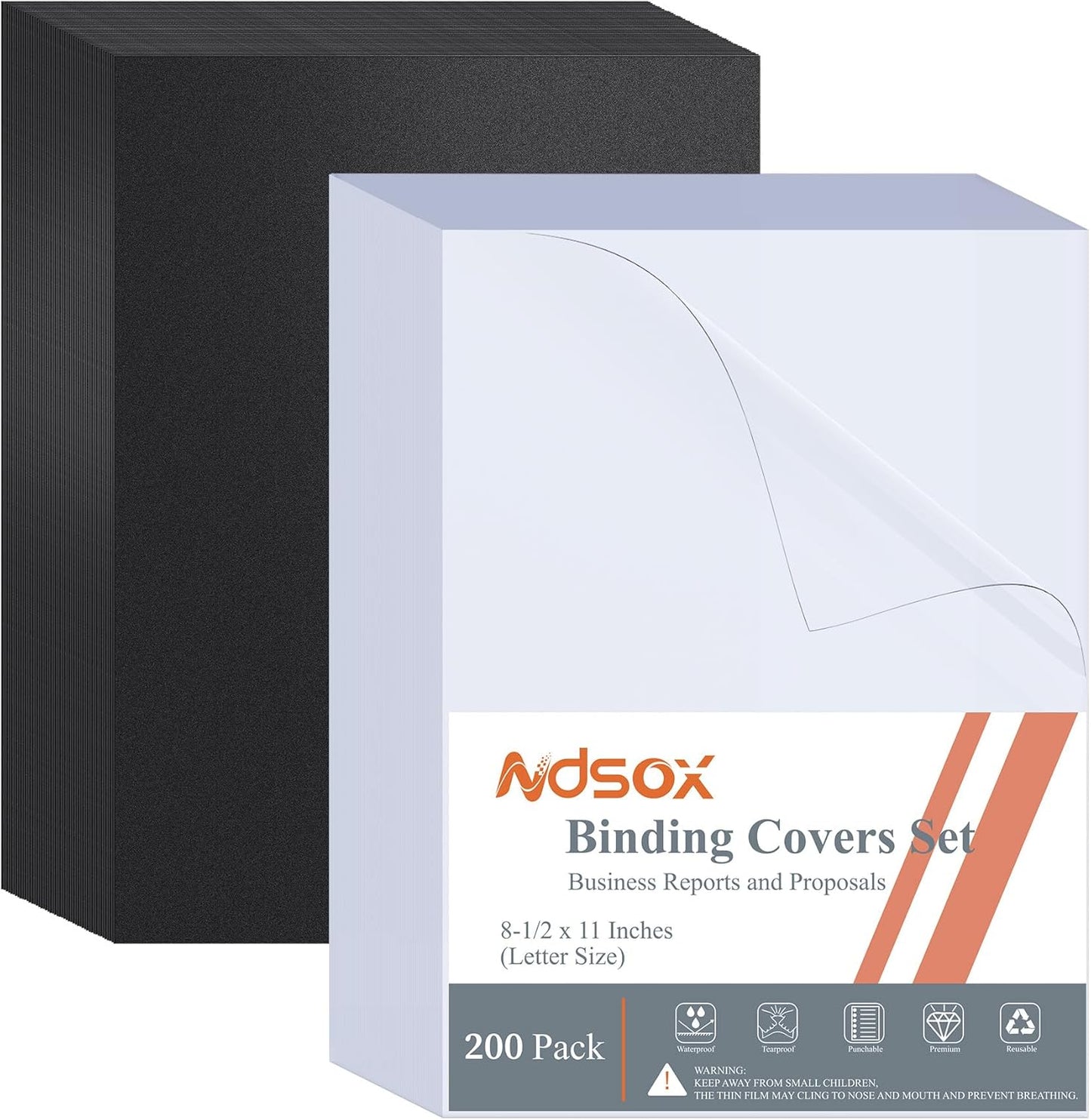 Ndsox 200 Pack Binding Covers and Backs Set 8.5 x 11 Inches Letter Size, 100 8-Mil Clear Binding Covers, 100 12-Mil Black Sand-Textured Binding Presentation Polycovers, Un-Punched, Square Corners