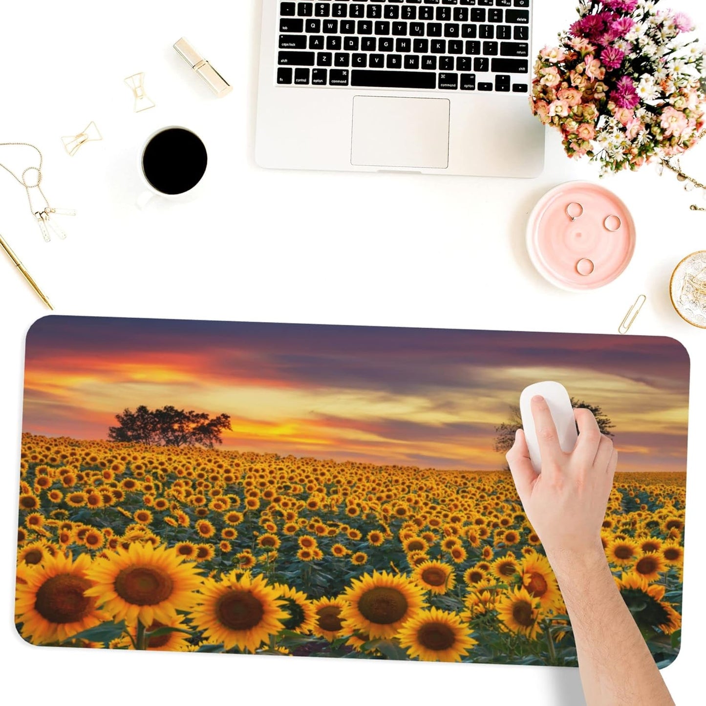 Desk Mat,Floral Sunflowers Extended Gaming Mouse Pad for Office Work & Game,Computer Keyboard Mouse Mat Desk Non-Slip Rubber Base Large Mousepad with Stitched Edges, 31.5x15.7inch