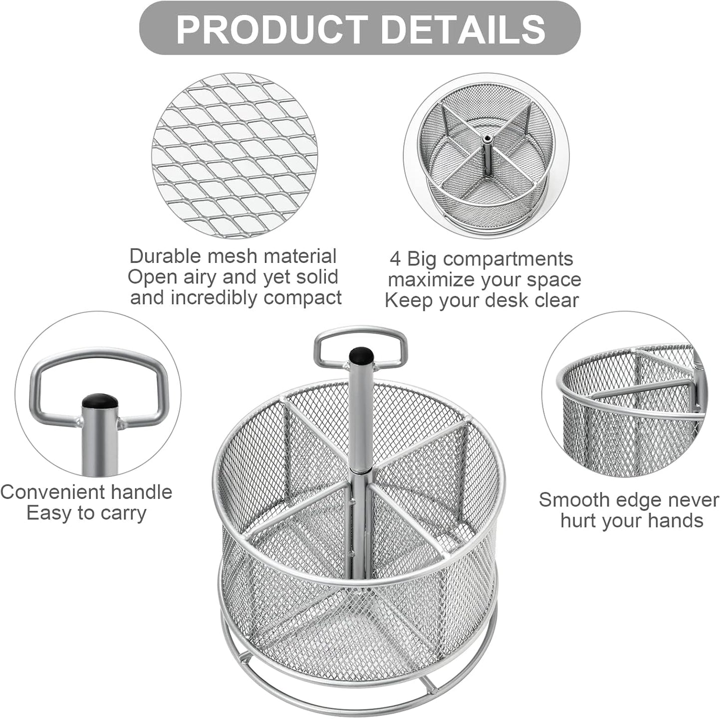 Marbrasse Mesh Desk Organizer, 360-Degree Rotating Multi-Functional Pen Holder, 4 Compartments Desktop Stationary Organizer, Home Office Art Supply Storage Box Caddy (silver)