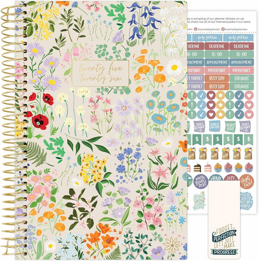 bloom daily planners 2025-2026 Academic Year Daily Planner (July 2025 - July 2026) - A5 Weekly & Monthly Calendar, Cute Floral Agenda Organizer Book with Stickers - 5.5" x 8.25" - Garden Party, Beige