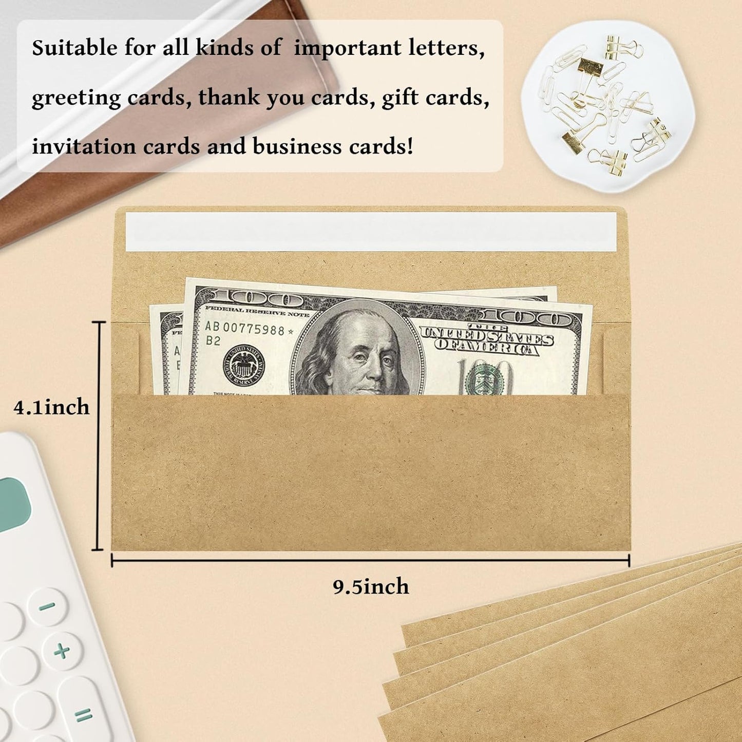 100 Pack #10 Business Envelopes, Brown Kraft Standard Envelopes Self Seal, Letter Size Mailing Envelopes for Checks Letters Invoices Christmas Birthday Graduation Wedding, 4 1/8 x 9 1/2 Inch