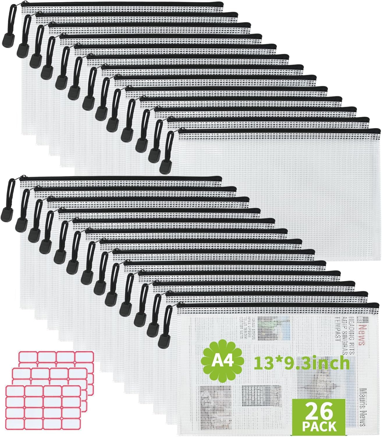 Vuzvuv 26pcs A4 Size 13"x 9.3" Mesh Zipper Pouch Zipper Bags,Document File Folders with Label Sticker,Waterproof Plastic Mesh Bag for File, Makeup, Board Game School Office Home Travel Storage