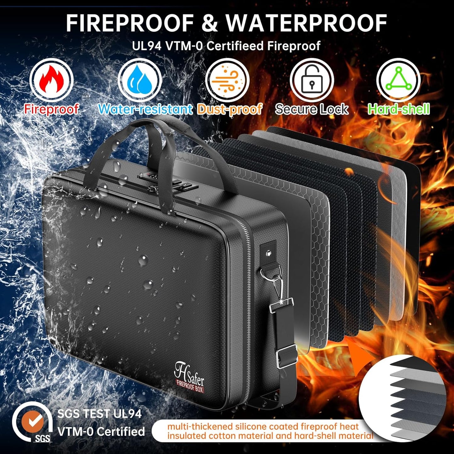 Fireproof Document Box with Lock, Hard-Shell Case File Organizer with 24 Pocket Accordion File Folder, Portable Safe Box with Shoulder Strap for Home Important Documents Laptop Black