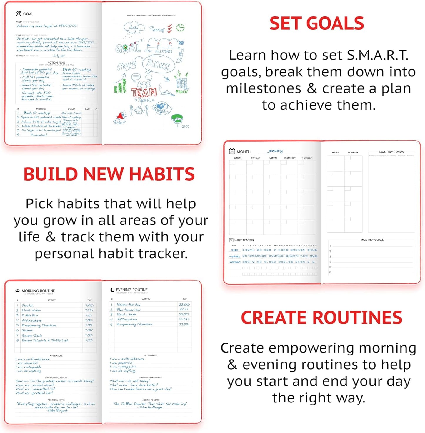 Undated Daily Planner – 1-Year B5 Productivity Organizer with Two-Page Weekly Spread, Goal Setting, Habit Tracker, Weekly & Monthly Pages – Hardcover Time Management Notebook (Red)