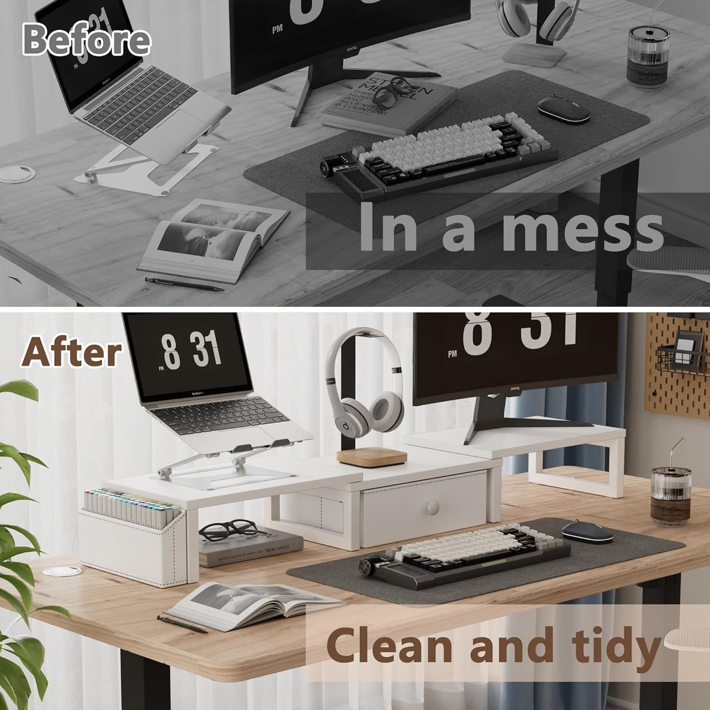 LAND·VOI Heavy Duty Dual Monitor Stand, Holds 2 Screens Up to 27 Inches, Adjustable Length and Angle Monitor Riser, Desk Organizer with Side Pockets and Drawers, Home Office Desk Storage, White