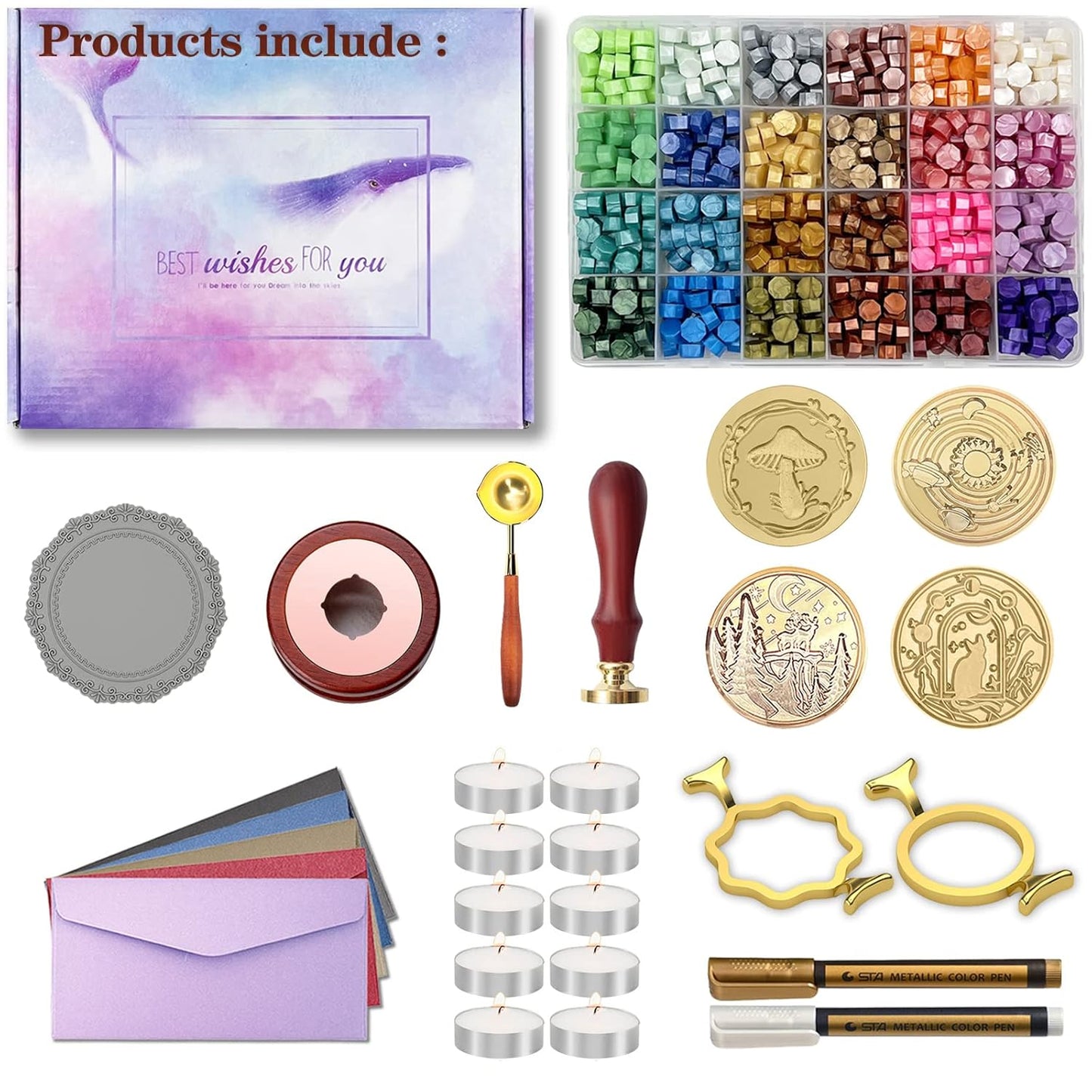 Wax Seal Stamp Kit with Gift Box, 672 Pcs Wax Seal Beads, 4 Pcs Wax Stamps, 2 Pcs Wax Seal Molds, Sealing Wax Warmer, Spoon, Mat, Metallic Pens, Candles, Wax Seal Kit for Craft Gift