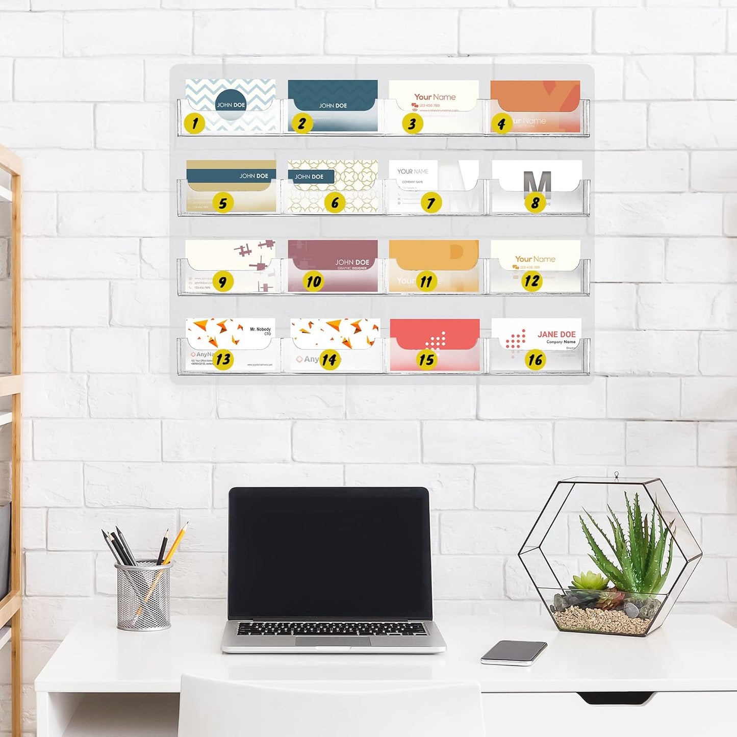 TURSTIN Business Card Holder Wall Mount Clear Sticker Display Marketing Holder Acrylic Business Card Stand Multi Pocket Rack Organizer Space Saver for Home Office (16 Pockets)