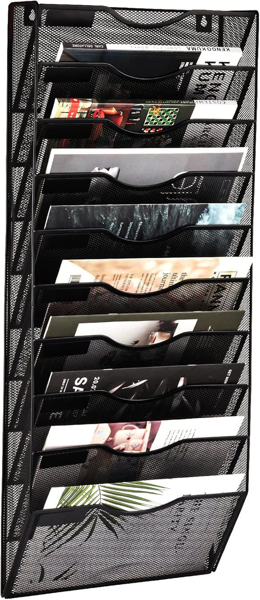EASEPRES 10 Pocket Mesh Hanging Wall File Organizer, Wall Mounted Mail Paper Document Folder Holder, Clipboard Storage Organization Magazine Rack with Nametag Label for Office Home School, Black