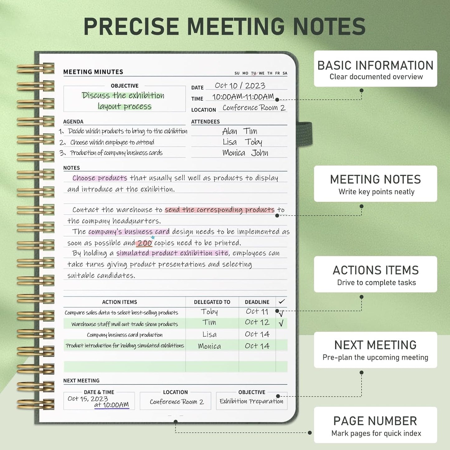 WEMATE Meeting Notebook for Work B5 (7"x10") - PU Leather Work Notebook with Agenda, Action Items & Notes - 200 Pages for Men&Women, Staff and Students, Meeting, Projects Planning - Olive Green