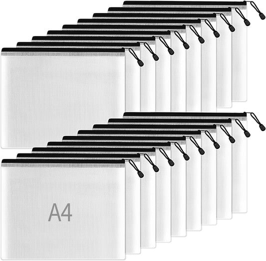 SUNEE Plastic Mesh Zipper Pouch 9x13 in (Black, 18 Packs),Extra Large Water-Resistant Zip Bag for School Office Supplies, Puzzles & Games Organizing Storage