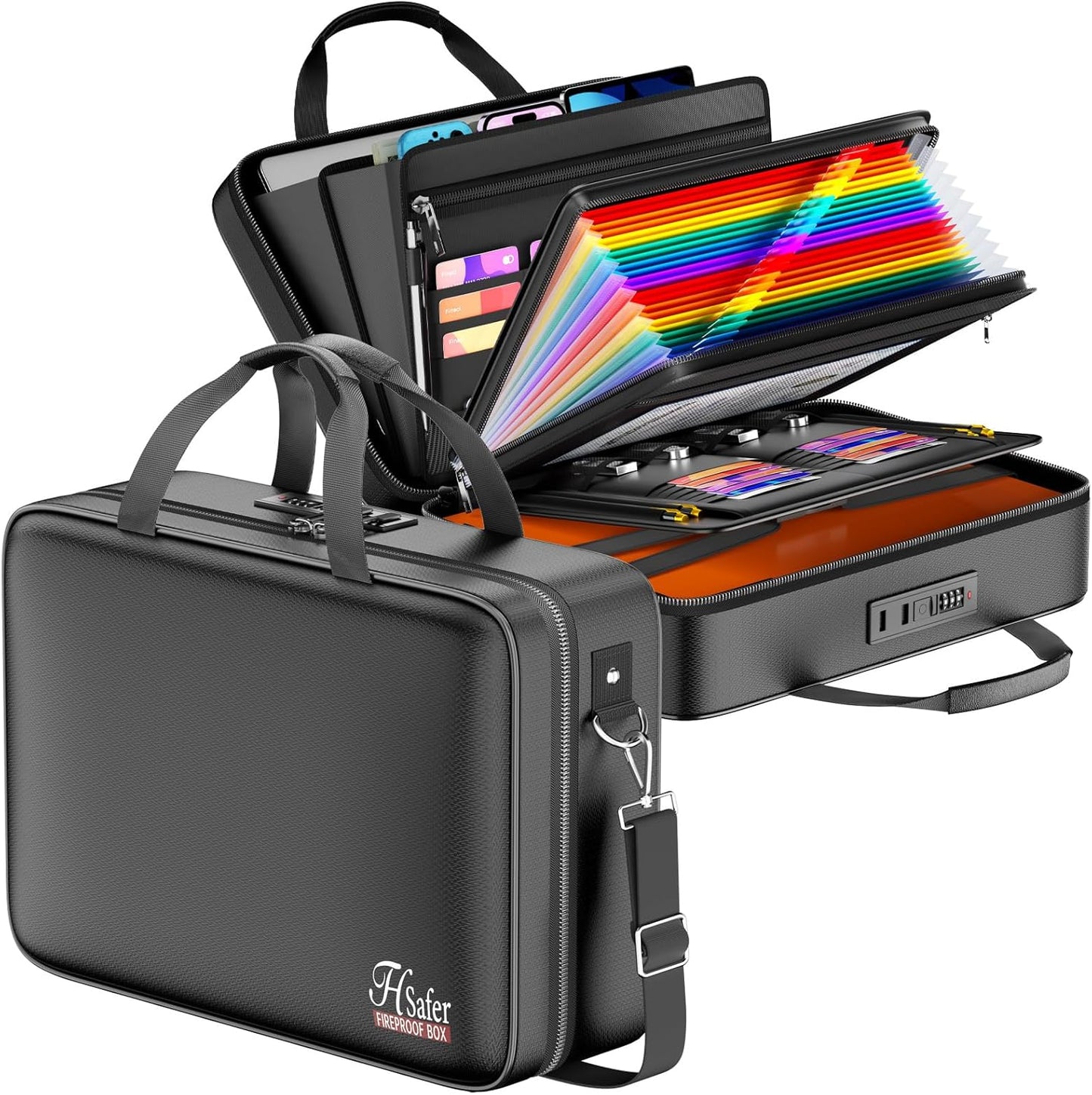 Fireproof Document Box with Lock, Hard-Shell Case File Organizer with 24 Pocket Accordion File Folder, Portable Safe Box with Shoulder Strap for Home Important Documents Laptop Black