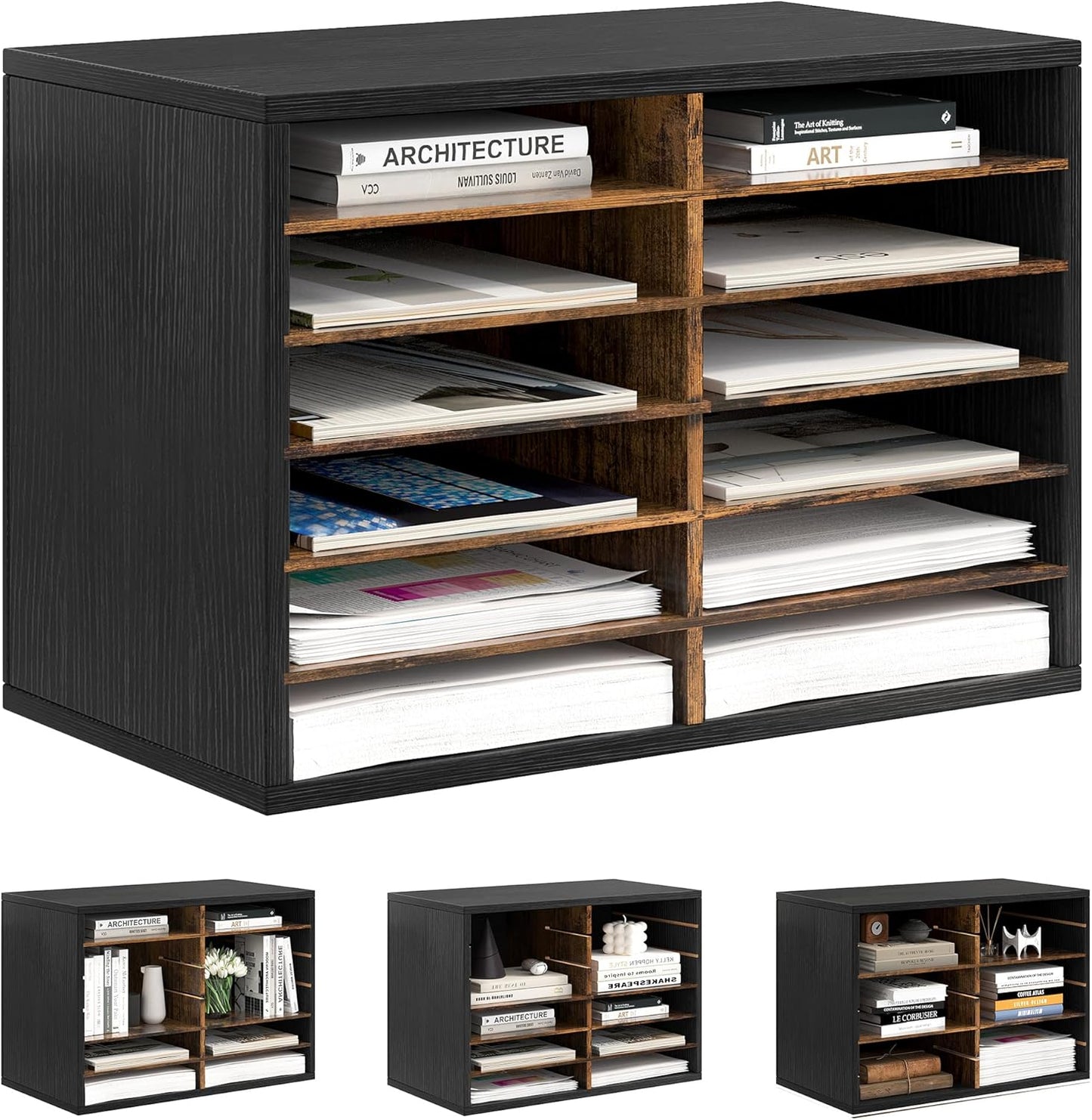 Mail Organizer Countertop, 12 Slots Wooden Desk File Literature Sorter, Adjustable Paper Storage Shelves Document Holder, Space Saving Desktop Mailbox for Office Classroom, Black/Rustic Brown