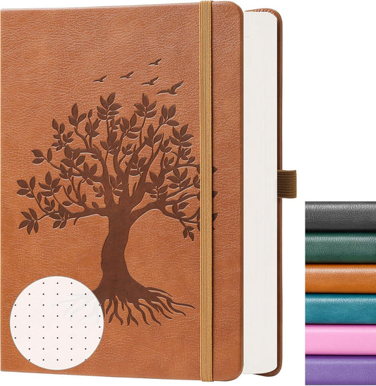 ZXHQ A5 Bullet Dotted Journal Notebook-150gsm Thick Paper, 256 Pages, Dot Grid Hardcover, Tree of Life Design, Fine Inner Pocket - 5.9" × 8.5" Brown