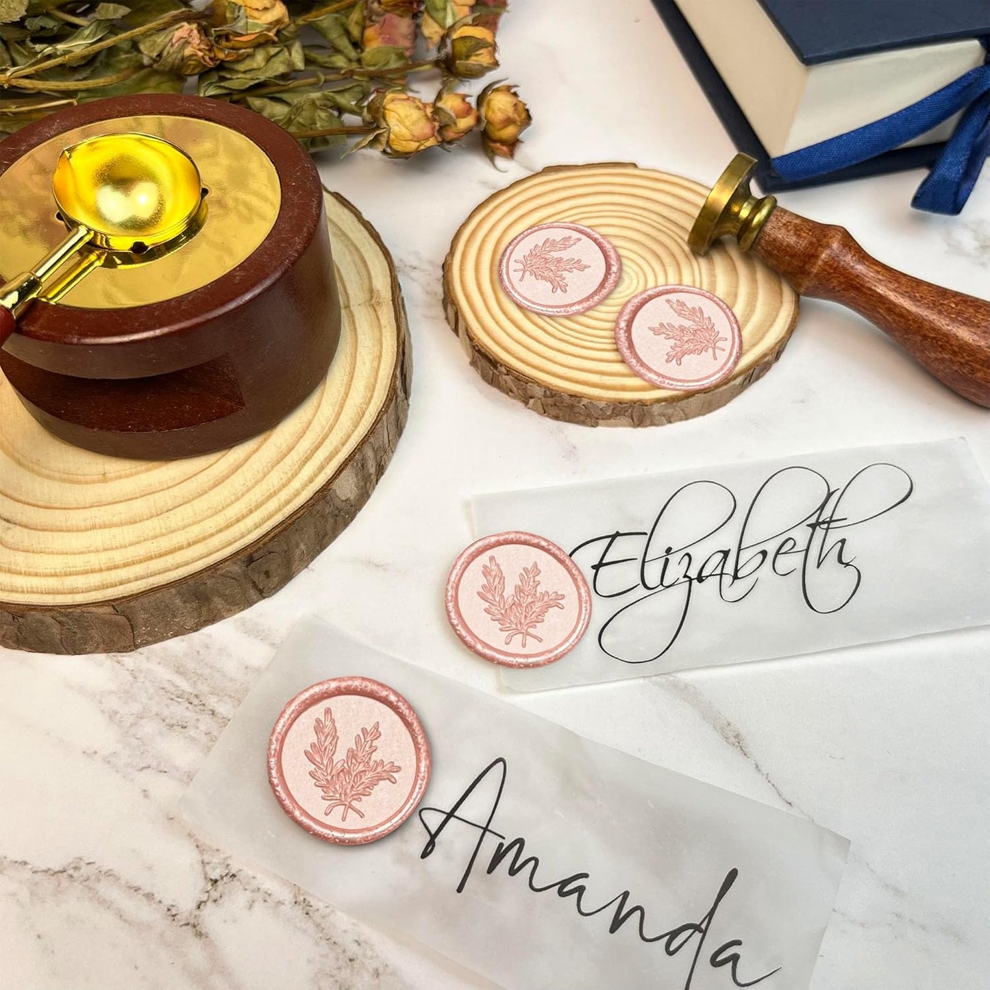 100Pcs Wax Seal Stickers Handmade Envelope Seals Self Adhesive Wax Stickers for Wedding Party Invitations, Envelope, Gift Wrap, Christmas(Rosemary Style, Pink)