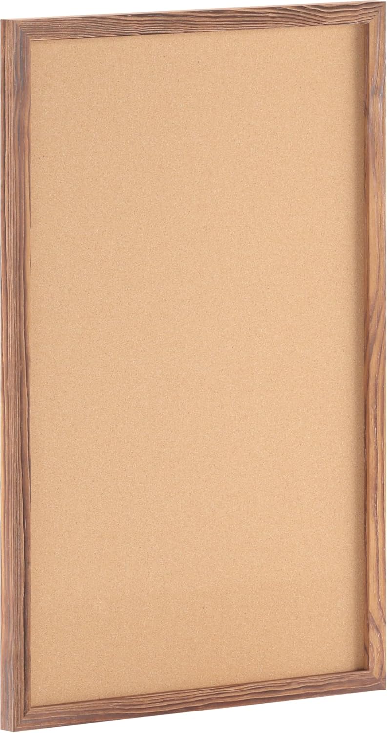 HBCY Creations Wall Mount Torched Wood Cork Board - 24" W x 36" H - 6 Wooden Push Pins - Solid Pine Wood Frame - for Kitchen, Classrooms, Restaurant Menus and More!