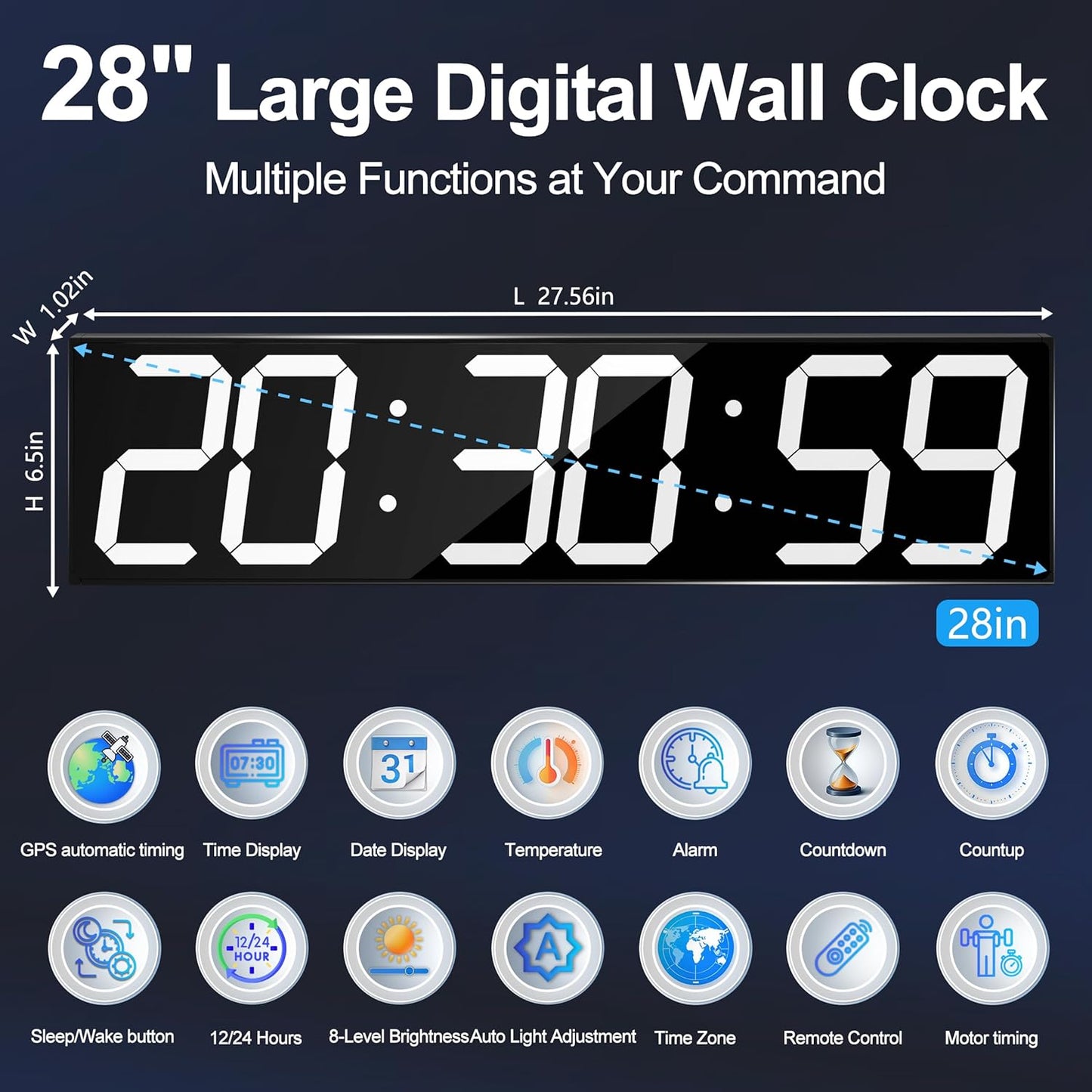 Large Digital Wall Clock 28" with GPS Auto-Sync, Remote Control & Timer, Wall-Mounted for Classroom, Office, Gym, Conference Room