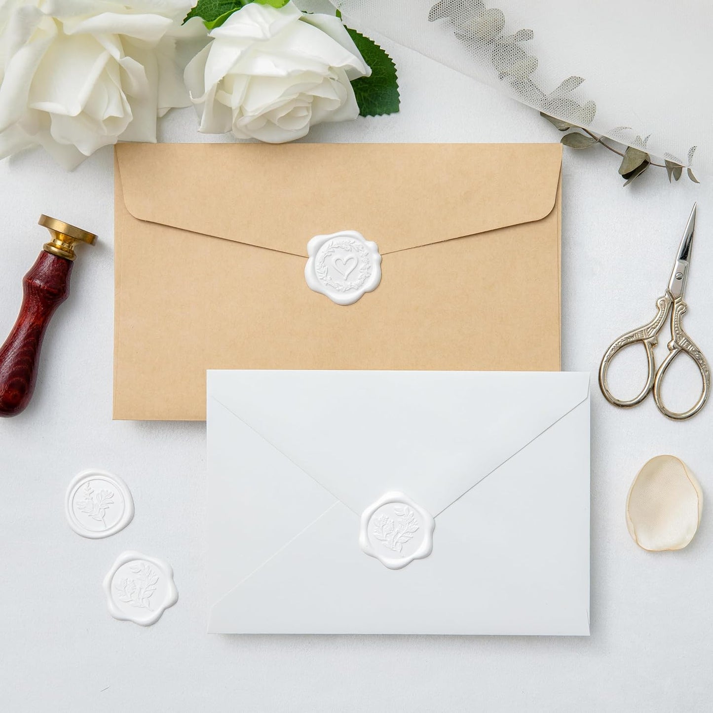 60 Pcs White Wax Seal Stickers Self-Adhesive Envelope Seals Stamp Stickers, Perfect for Wedding Invitations Seating Chart Christmas Gift Wrapping 3 Designs in 1 Pack