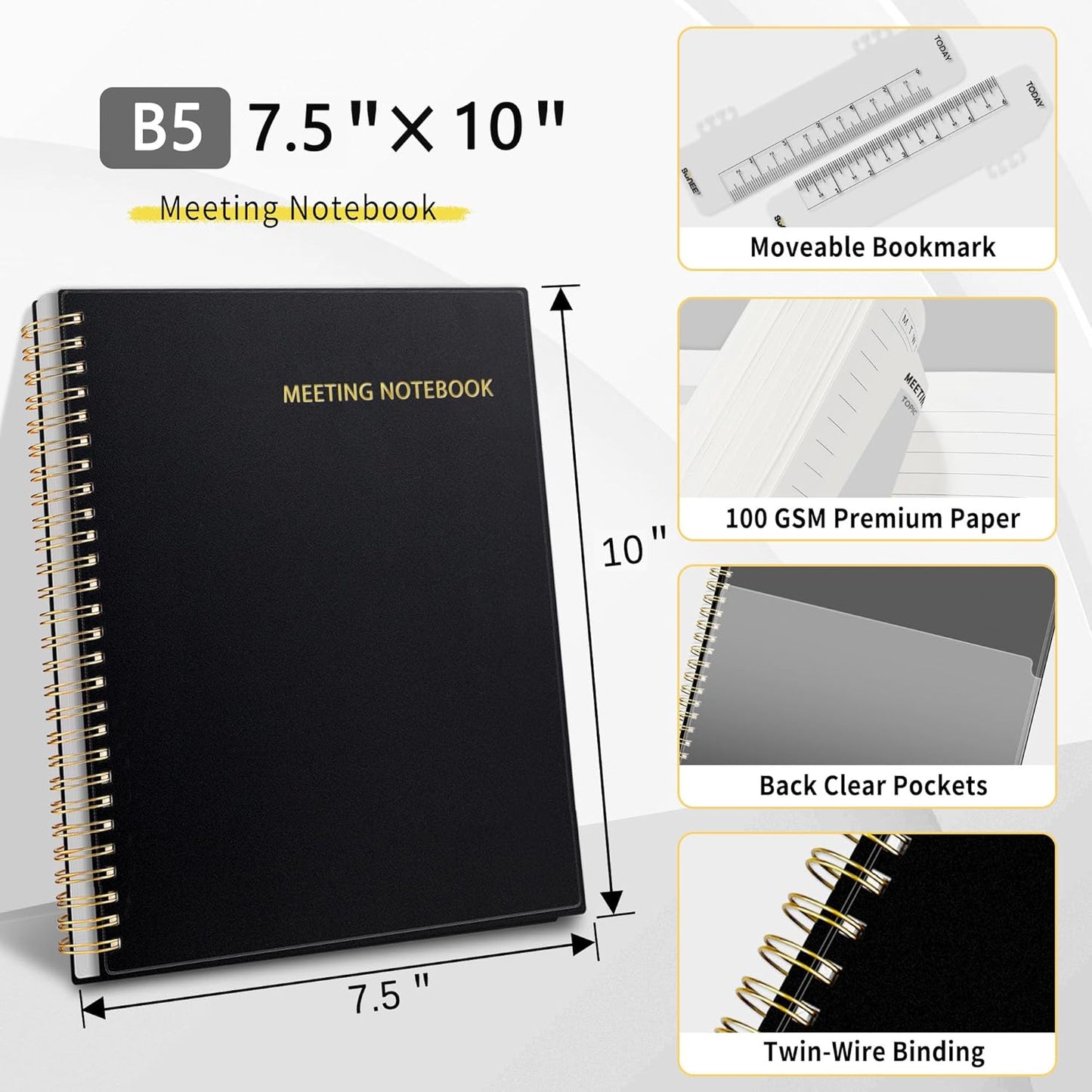 SUNEE Half Meeting Half Note - 7.5"x10" Professional Notebooks for Work - 160 Pages, B5 Size Project Planner, Spiral Meeting Agenda/Minutes Organizer for Women Men, Note Taking, Office & Business
